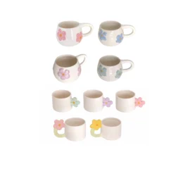 Handmade ceramic mugs with floral designs, flowers, pastel colors, Spanish pottery, set of nine.
