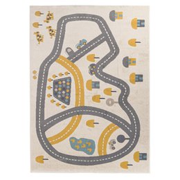 'Tapis enfant CIRCUIT is a children's area rug featuring a colorful road design with gray paths, yellow accents, and various toy vehicles. The rug is available in multiple sizes and is suitable for a playroom or nursery.'

The Tapis enfant CIRCUIT is a children's area rug that features a colorful road design. The rug has gray paths winding across the surface, with yellow accents and various toy vehicles depicted. This rug would be suitable for a playroom or nursery, providing a fun and engaging surface for children to play on. The rug is available in multiple sizes, including 80 cm x 150 cm, 120 cm x 170 cm, and 135 cm x 190 cm.