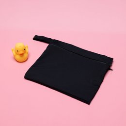  Waterproof storage bag for underwear and swimming clothes. Black, zippered pouch with a durable, water-resistant material.