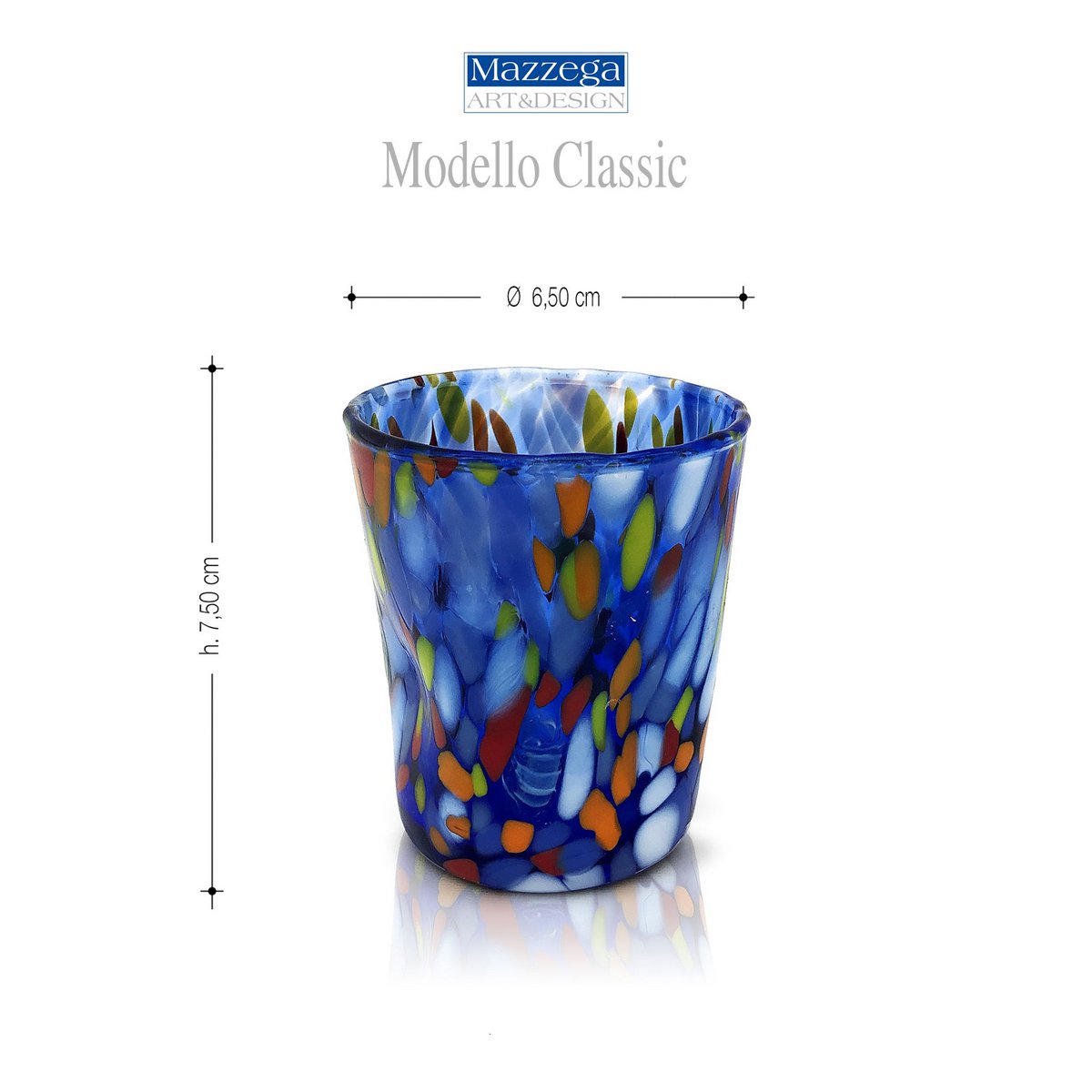 6 Bicchierini Liquore Avventurina Blu in Vetro Soffiati e Lavorati a Mano con Murrine di Murano, linea “I Colori di Murano” 140 ml. Made in Italy
