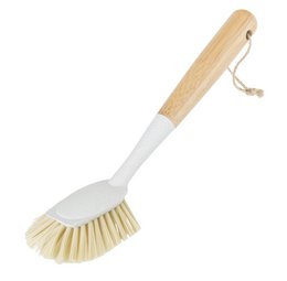  Oval-shaped bamboo dish brush with light gray bristles, suitable for cleaning dishes and other kitchen surfaces.