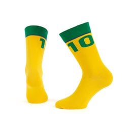 Yellow and green socks with the number 10 printed on them.