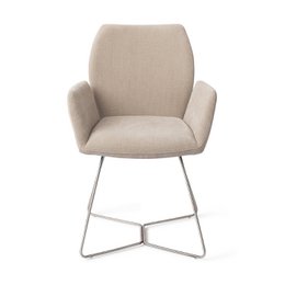  Beige upholstered dining chair with armrests, modern curved design, metal frame legs, comfortable seating