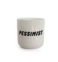 A white ceramic mug with the text "PESSIMIST" printed in black.
