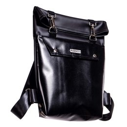 A black leather backpack with multiple compartments and adjustable straps. The backpack has a sleek, minimalist design and appears to be suitable for everyday use or travel.