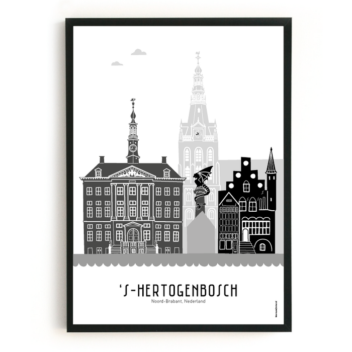 Poster skyline Den Bosch zwart-wit-grijs