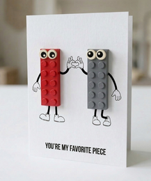  Lego brick characters postcard, red and gray building blocks, love card with playful design, romantic greeting card