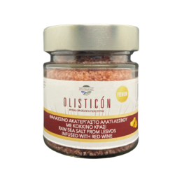Natural sea salt of Lesvos, Greece infused with wine. Seasoning with a unique flavor profile.