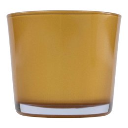  A round, metallic-look gold flowerpot with dimensions of 11 inches in height and 11.5 inches in diameter.