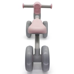  A pink and gray balance bike/tricycle for children aged 1 year and up, with a wooden frame and rubber wheels.