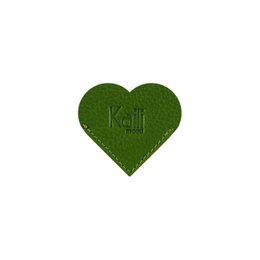  Green heart-shaped leather bookmark with "Kati" embossed. Dimensions: 6 x 5.5 x 0.5 cm. Packaged in a rigid bottom/lid gift box.