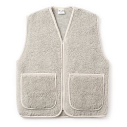 Warm, cozy wool body warmer vest in neutral colors of grey, beige, and light brown. Available in sizes S, M, L, and XL.