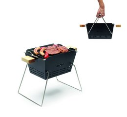 Portable charcoal grill with metal grate for barbecuing. Compact and lightweight design for easy transport and use.
