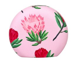 A pink jewelry case with vibrant red and green floral patterns, designed for storing and protecting jewelry during travel.