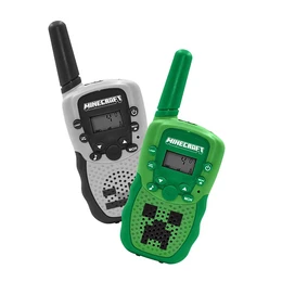 Minecraft walkie talkie set, green and black in color, designed for science toys, includes two handheld devices with digital displays and antennas.