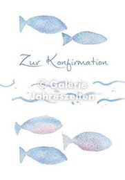  "Confirmation greeting card with blue fish and wave illustrations, folding card design"