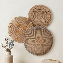  "Set of 2 round woven placemats, natural beige jute material, circular wall decor, boho style"