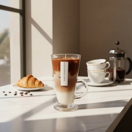  Brown iced coffee latte scented candle with ice cubes, glass container, realistic beverage design.