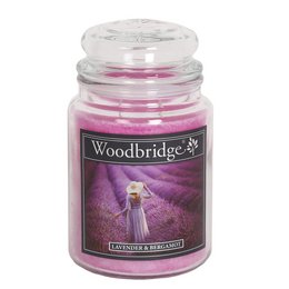 Lavender and bergamot scented candle in a large 565g jar. Cylindrical glass container with a purple wax and floral design.