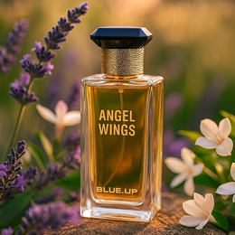  Golden amber perfume bottle, floral aromatic scent, lavender and white flowers, elegant luxury fragrance for women.