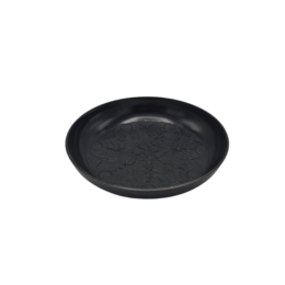 Black oval serving tray with a textured surface pattern.
