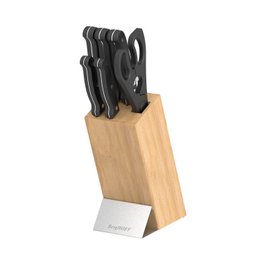  A 7-piece knife block set with a wooden block and black knives. The set includes various chef's knives in different sizes for kitchen tasks.