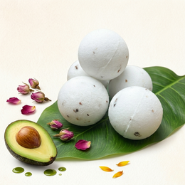  White round bath bombs with rose petals, avocado and sunflower oils, spa relaxation product.