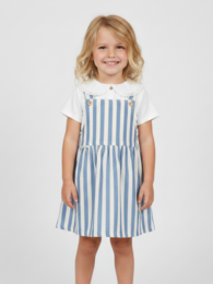  A striped blue and white dress with a pinafore style top and a flared skirt. The dress has a classic, casual style suitable for young girls.