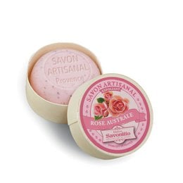 Rose exfoliating soap with wooden box, 100g. Handmade artisanal soap with rose scent, suitable for all skin types.