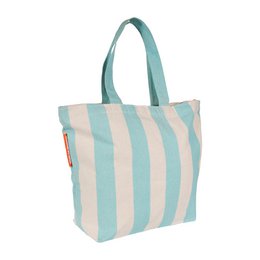  A reusable, sustainable shopping bag made from recycled bedding material. Features a mint green and white striped pattern, a zipper closure, and a durable design.