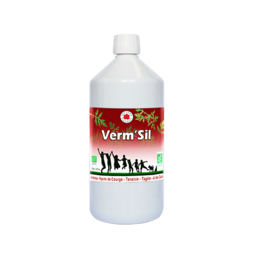  A 1-liter bottle of Verm'Sil* supplement, a clear liquid product for aquarium use.