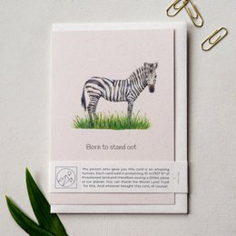 Eco-friendly motivational card with a black and white illustration of a zebra and the text "Born to stand out". The card is designed to inspire and encourage the recipient to embrace their unique qualities.