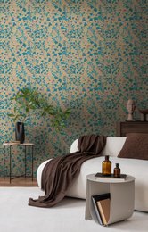  Vintage-inspired floral wallpaper in brown and teal tones, featuring a repeating pattern of flowers, leaves, and abstract shapes. Suitable for use in living rooms, bedrooms, or other home decor applications.