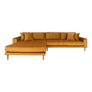 Lido Loungebank - Mosterdgeel, fluweel, natuurlijke houten poten, 170-92x290x76cm