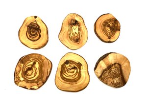 Set van 6 onderzetters RUSTIEK ROND ca. Ã˜ 10 tot 12 cm gemaakt van olijfhout