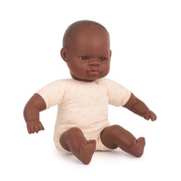 A 32cm African baby doll with a soft, plush body and realistic features. The doll is dressed in a plain white onesie.