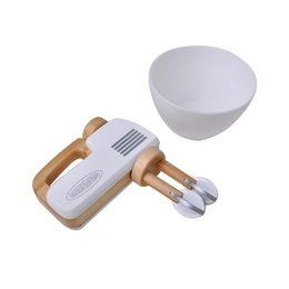 White hand mixer with mixing bowl. Wooden and white kitchen appliance for mixing, blending, and preparing food.
