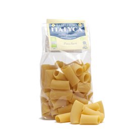 Organic artisan pasta from Italy, featuring calamarata pasta in a golden yellow color.