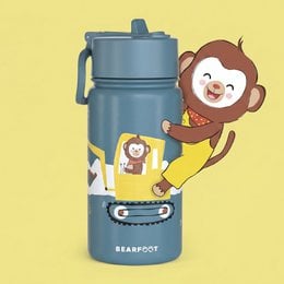 A stainless steel children's drinking bottle with an excavator design. The bottle features a yellow excavator graphic against a gray background with trees.