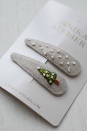 Pinzas para el pelo árbol de Navidad beige + lunares