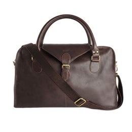 Brown leather travel bag, structured rectangular shape, dual handles, shoulder strap, professional tote style handbag