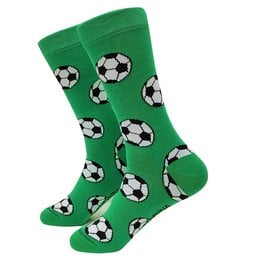 Green socks with black and white soccer ball patterns. Suitable for sports and casual wear.