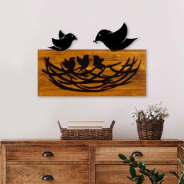 Rustic wood and metal wall painting featuring a nest with birds, suitable for home decor.