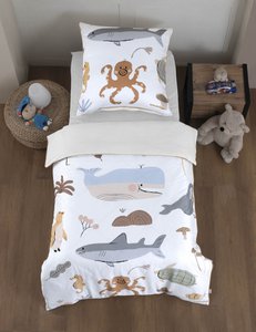 Mako Satin Kinderbettwäsche 135x200cm + 80x80cm Saum und Reißverschluss goldfarben - Ocean