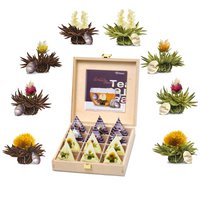 Creano Teelini theebloemen in bekerformaat, cadeauset in een houten theedoos, 12 bloemen tealini in 8 varianten - witte thee en zwarte thee