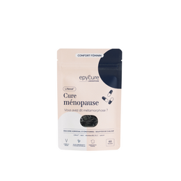  Beige and navy supplement bottle, menopause support capsules, hormonal balance wellness product packaging.