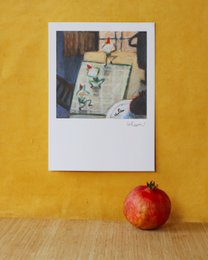  Artistic print depicting a yoga scene at dawn, featuring abstract shapes and colors.