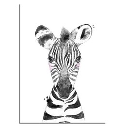 Zebra-themed children's room poster featuring a black and white illustration of a zebra. Available in various sizes and framing options.