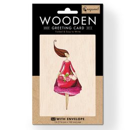 Wooden folded greeting card with a colorful illustration of a woman in a pink dress. The card is suitable for various occasions and can be used to express gratitude or appreciation.