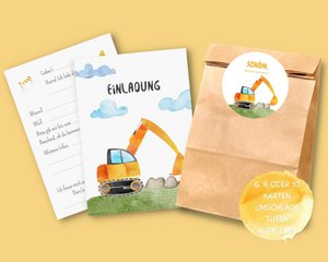 Bagger Einladungskarten und Gastgeschenktüten Set für Baustellen Geburtstag